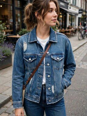 Celebrity Pink Distressed Denim Trucker Jacket Medium Wash Size S